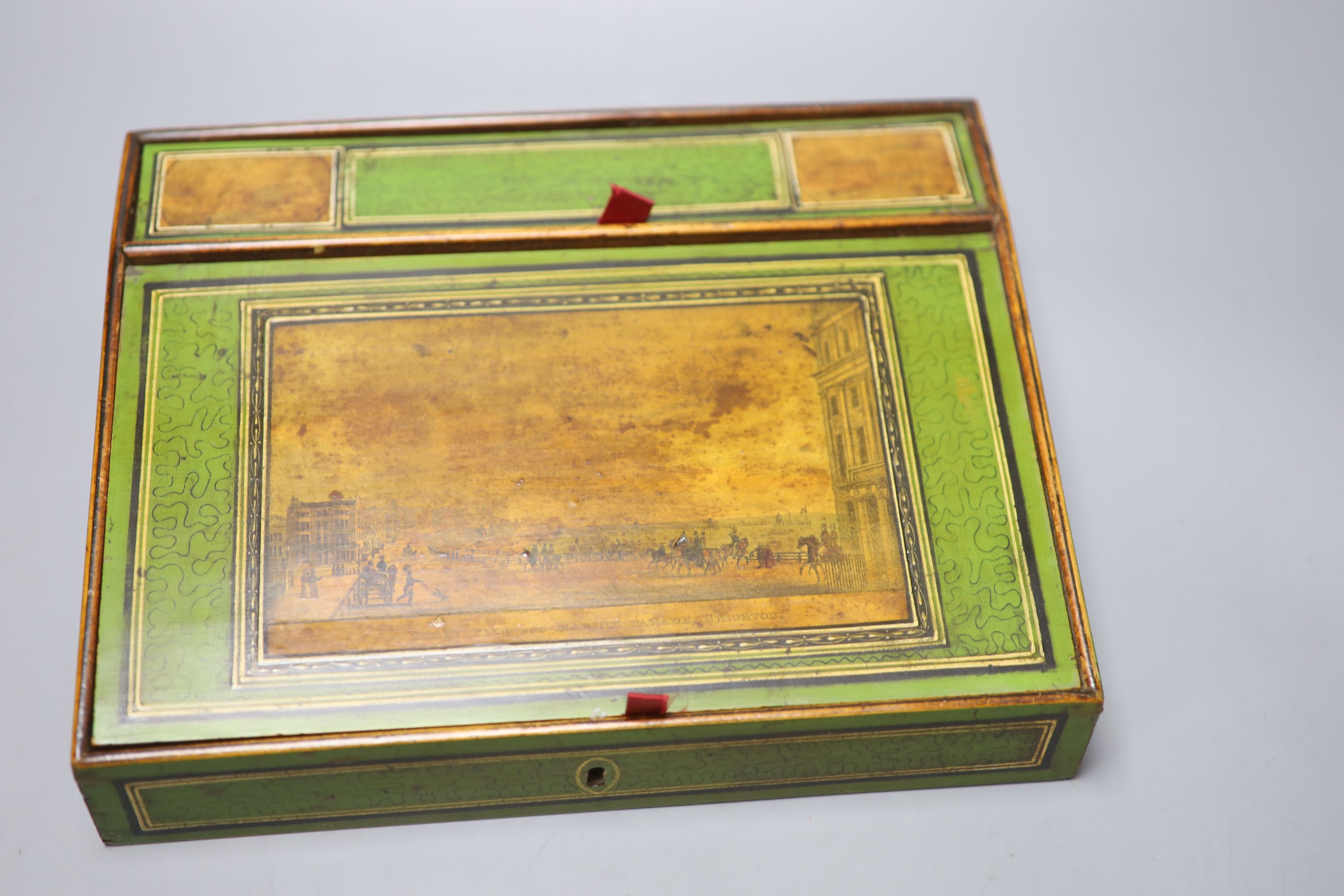 An early Tunbridge ware green japanned writing slope, 28.5cm, with views of Marine Parade, Brighton and East Front of Pavilion